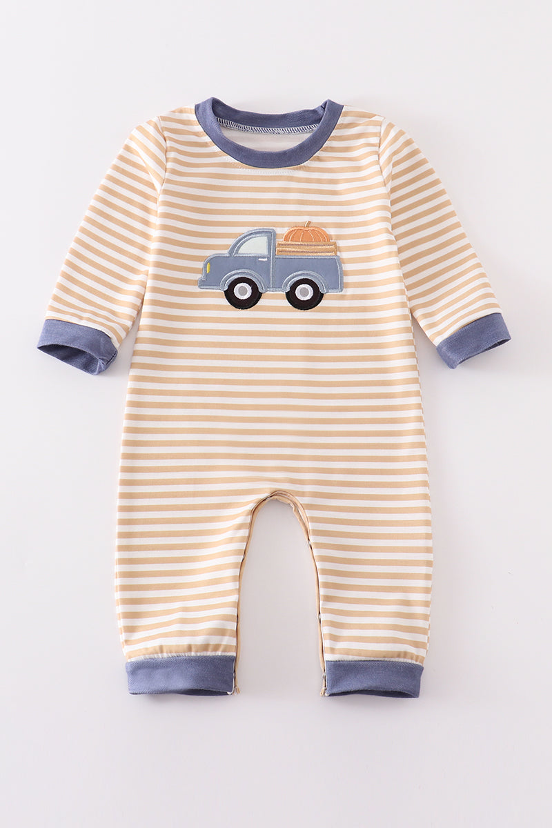 LL Stripe Pumpkin Truck Applique Romper