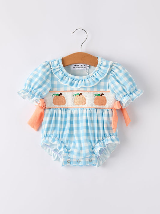Fall Halloween & Thanksgiving Pumpkin Embroidery Smocking Blue Plaid Romper