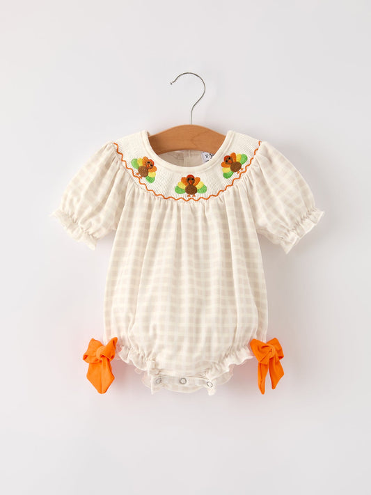Fall Thanksgiving Apricot Plaid Turkey Embroidery Smocking Baby Girls Romper