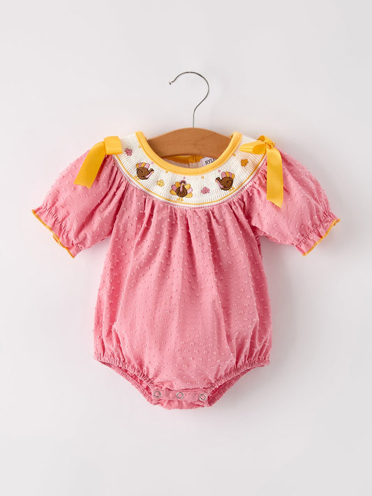Fall Thanksgiving Turkey Leaf Embroidery Smocking Bow Baby Girls Romper