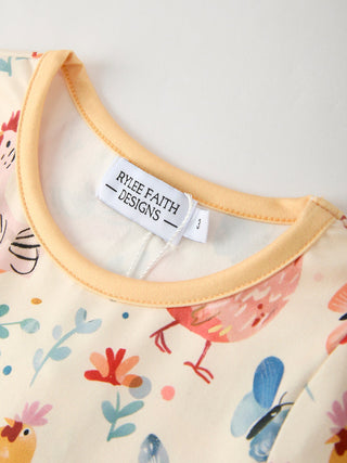 Charming Chicken & Butterfly Girls Dress with Cute Ruffled Pockets