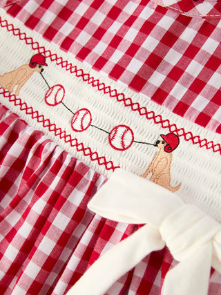 Mommy & Me Girl Dress – Dog Baseball Smocking Embroidery Outfit