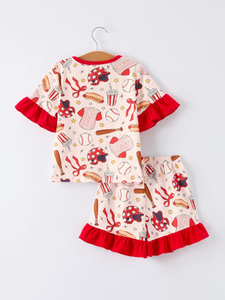 Girls Pajama Set with Red Bows Baseball Print