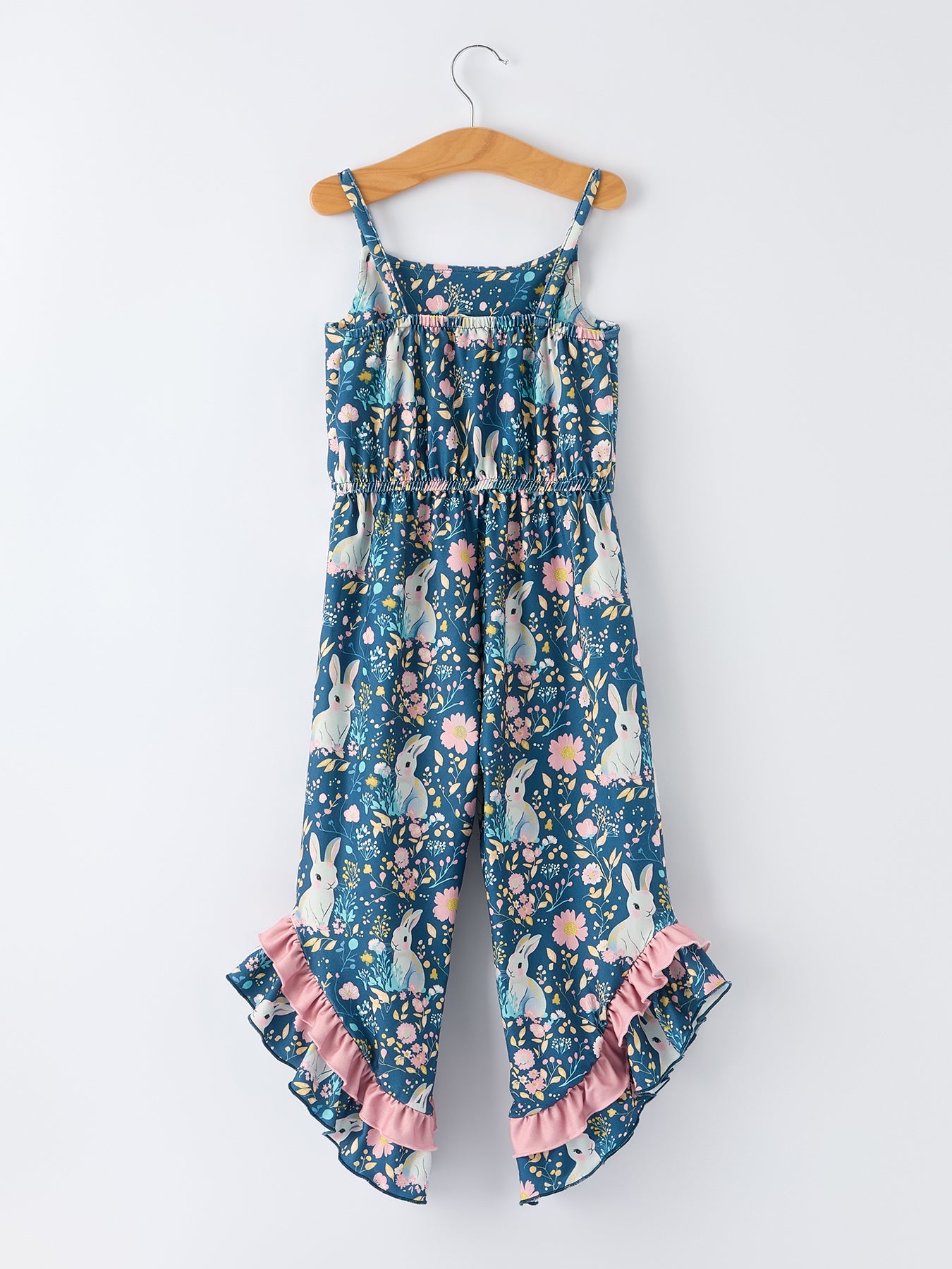 Summer Bunny Floral Girls Bow Ruffle Bell Bottom Jumpsuit