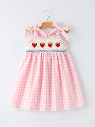 Strawberry Embroidery Girl Dress Bow Strap Ruffle