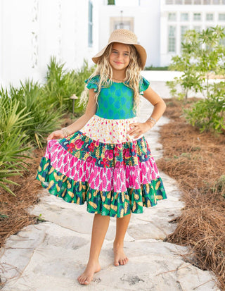 Avery Tropical Tiered Flutter Sleeve Dress