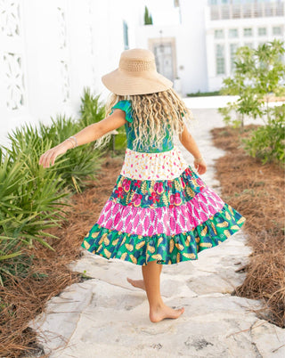 Avery Tropical Tiered Flutter Sleeve Dress