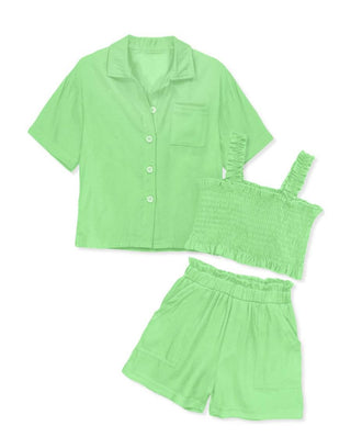 3pcs Short Set w/ Smocked Top: Green / 3