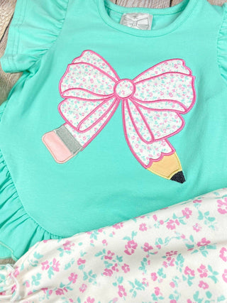 Mint Floral Bow Pencil Ruffle Shorts Set
