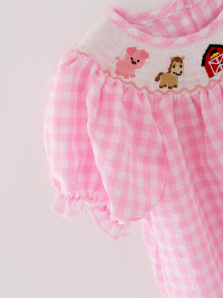 Farm Pink Smocking Embroidered Girls Dress