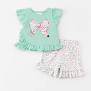 Mint Floral Bow Pencil Ruffle Shorts Set