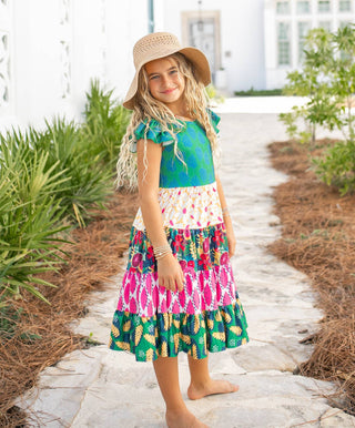 Avery Tropical Tiered Flutter Sleeve Dress