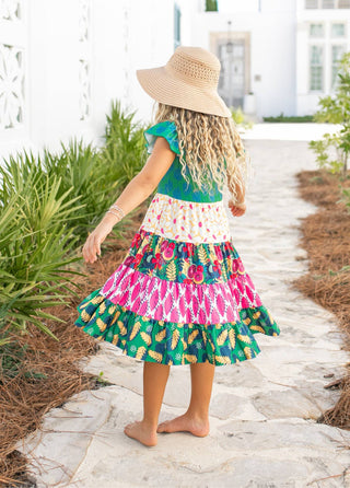 Avery Tropical Tiered Flutter Sleeve Dress