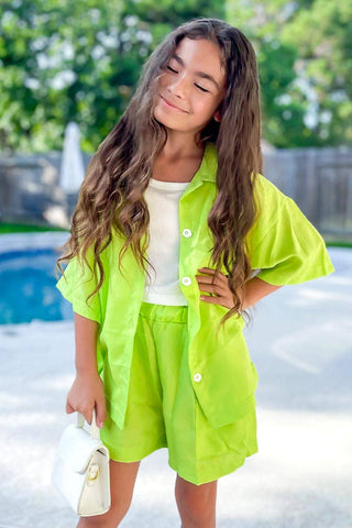3 pc Short Set w/ Flower Buttons: Green / L(12/14)