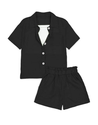 3 pc Short Set w/ Flower Buttons: Green / L(12/14)