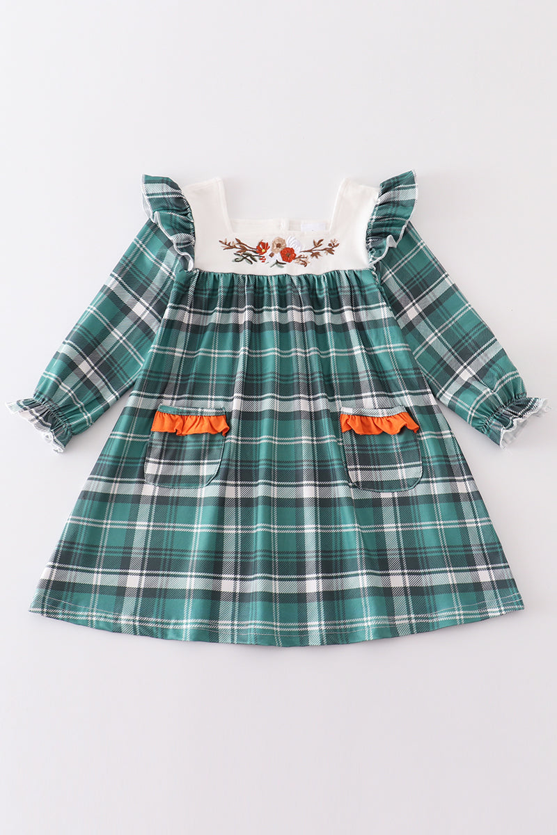 Plaid Floral Applique Pocket Dress