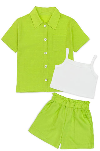 3 pc Short Set w/ Flower Buttons: Green / M (8/10)