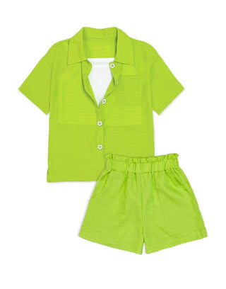 3 pc Short Set w/ Flower Buttons: Green / L(12/14)