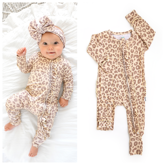 Amari Leopard Ruffle Zip Bamboo Romper