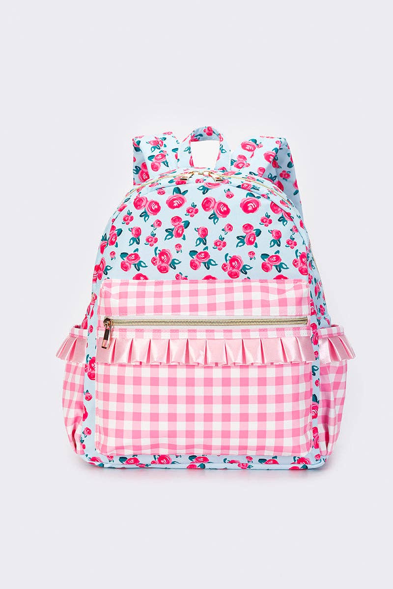 checkerboard flower mini backpack Pink Checkered Ruffle Flower Printed Backpack – LUXE littles