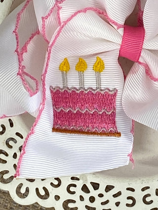 Birthday Cake Embroidered Moonstitch Hair Bow | Clip or Headband