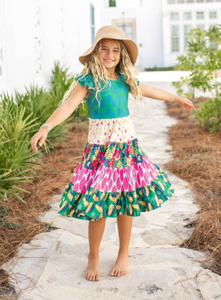 Avery Tropical Tiered Flutter Sleeve Dress