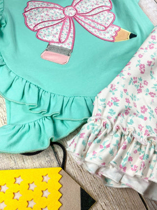 Mint Floral Bow Pencil Ruffle Shorts Set