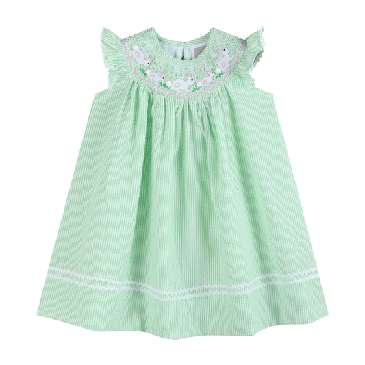Green Bunny Smocked Bishop Dress