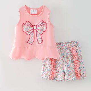 Pink Floral Bow Appliqué Shorts Set