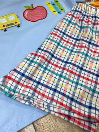 School Days Appliqué Tee & Plaid Shorts Set