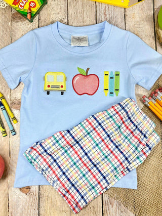 School Days Appliqué Tee & Plaid Shorts Set
