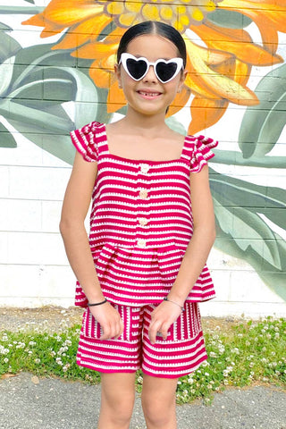 Girl's 2 pc Striped Short Set: Green / 6/7(S)