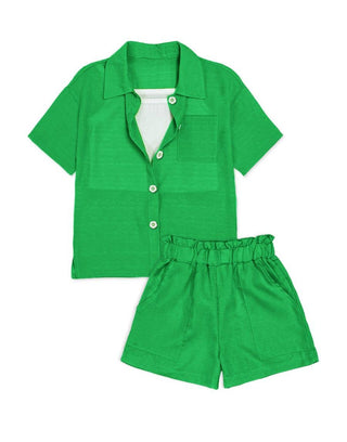 Girls' 3-Piece Short Set with Flower Buttons in Green