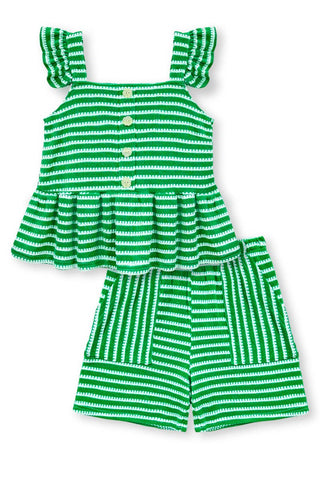 Girl's 2 pc Striped Short Set: Green / 6/7(S)
