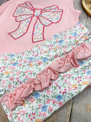 Pink Floral Bow Appliqué Shorts Set