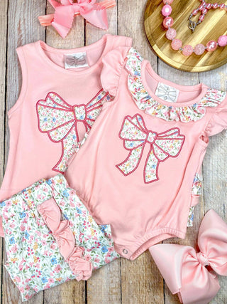 Pink Floral Bow Appliqué Shorts Set