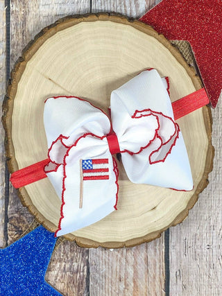 American Flag Embroidered Moonstitch Hair Bow | Clip or Headband