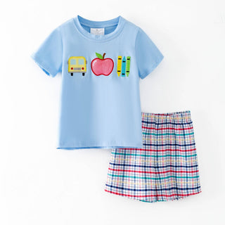 School Days Appliqué Tee & Plaid Shorts Set