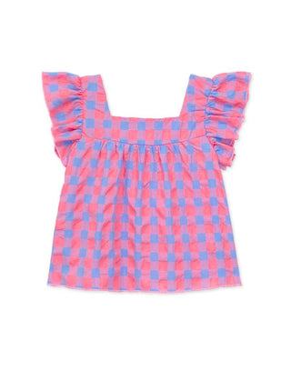Pink & Blue Checker Square Neck Ruffle Sleeve Top