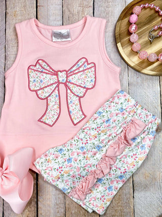 Pink Floral Bow Appliqué Shorts Set