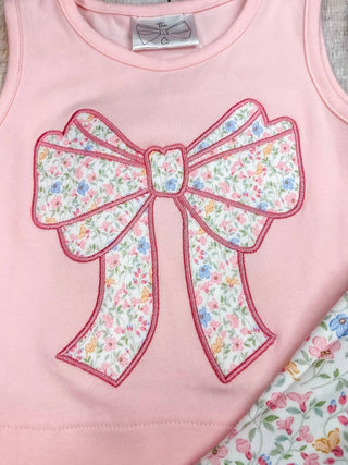 Pink Floral Bow Appliqué Shorts Set
