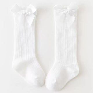 White Cotton/Poly Lace Knee High Socks with Bow
